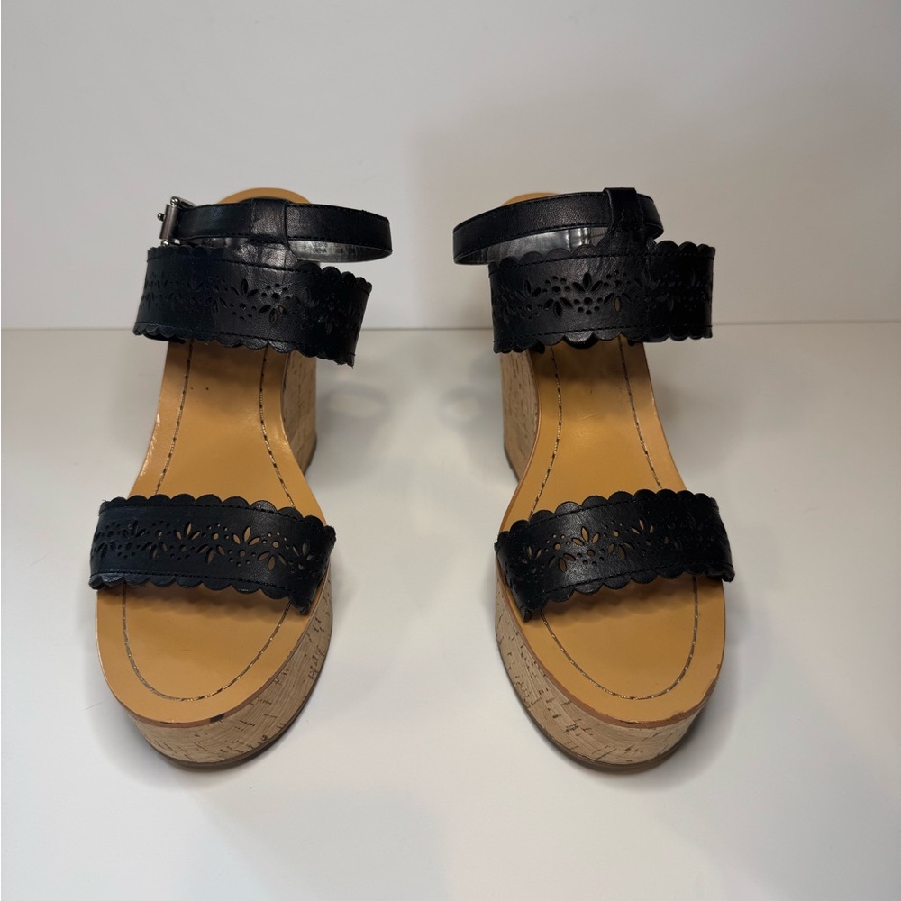 Coach Black Gena Vegan Leather Laser-Cut Wedge Sandal Size 10